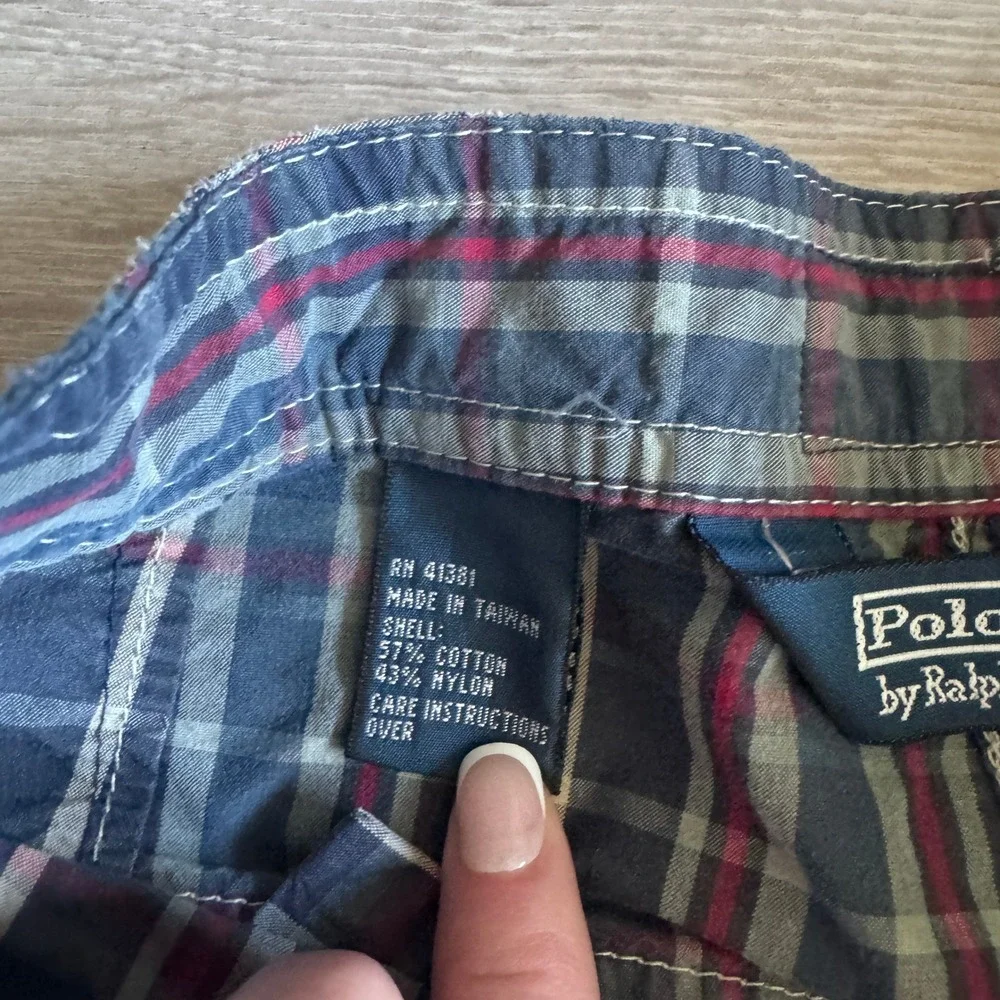 Y2K Polo Ralph Lauren Plaid Cargo Board Shorts Mens 28 Navy Blue Red Swim Trunks